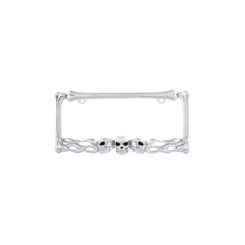 CLA Flaming Skull Metal License Plate Frame - Chrome