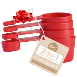 Storage Theory 2-in-1 Measuring Cups & Spoons Set (4-Piece) - Nesting Space-Saving Kitchen Gadget - BPA-Free Food Grade Plastic - Dishwasher Safe for Baking, Cooking, Coffee - Red