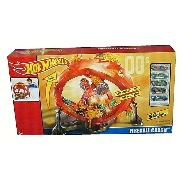 Hot Wheels Throwback Fireball Crash Track Set Playset With 5