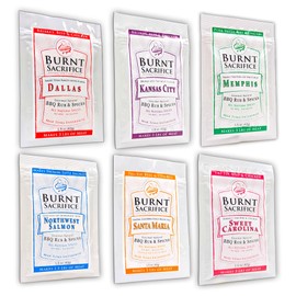 Burnt Sacrifice Variety 6 Pack BBQ Rub and Seasoning 1 5 OZ Packet Case of 6 Classic 6 Dallas Memphis Kansas City Northwest Salmon Santa Maria and Sweet Carolina Variety 6 Pk