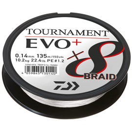 Daiwa Tournament x8 Braid EVO+ 0.10 mm, 6.7 kg/14.7 lbs, 135 m White, Braided Fishing Line, 12763-010