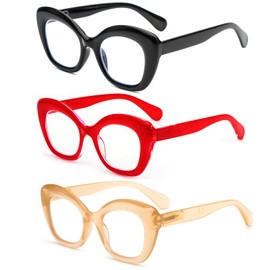 REAVEE 3 Pack Oversized Cat Eye Reading Glasses for Women Men Stylish Blue Light Blocking Lenses, Black+Red+Yellow, 1.0
