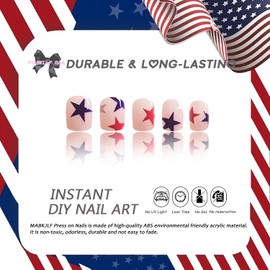 4th of July Press on Nails Short Square Fake Nails Nude Full Cover Red Blue Star False Nails with Designs Glossy Glue on Nails Acrylic Nails Stick on Nails Artificial Nails for Women Girls 24Pcs