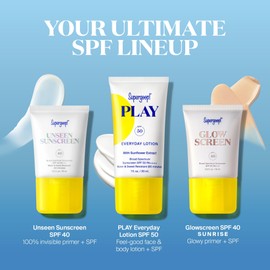 Supergoop! SPF Bestsellers Starter Set - Includes PLAY Everyday Lotion SPF 50 (1 fl oz), Unseen Sunscreen SPF 40 (0.5 fl oz) & Glowscreen SPF 40 (0.5 fl oz)