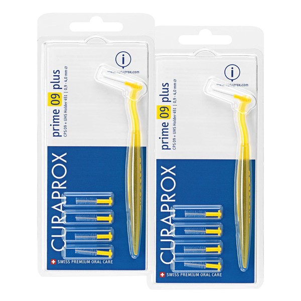 Curaprox Interdental Brushes CPS 09 Prime Plus (Bundle 2 Pieces), Yellow, 0.9 mm Diameter, 4 mm Effectiveness, Set of 10 Interdental Brushes CPS Prime 09 and 2 Holders UHS 451