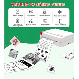ORGBRO Sticker Printer Machine, X3 Mini Printer Print Pods Portable Thermal Inkless Sticker Maker, 2-3 Inch 300 DPI Bluetooth Pocket Printers for Smartphones, Notes, Journal, Photos, DIY, Kids Gift