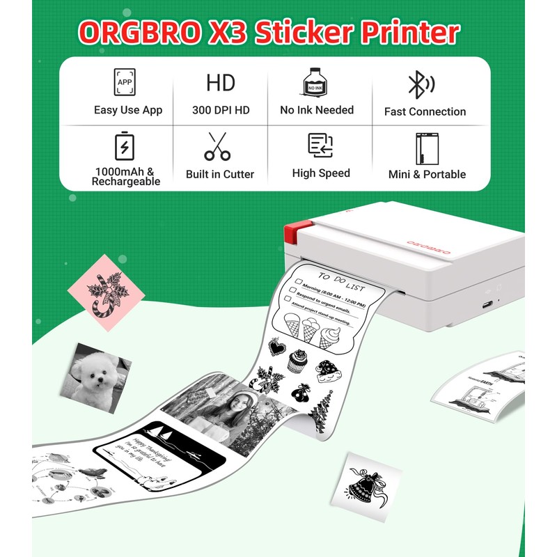 ORGBRO Sticker Printer Machine, X3 Mini Printer Print Pods Portable