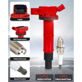 ATBIZZLE Ignition Coil Packs UF333 and Iridium Spark Plugs 7092 Fits for Toyota Camry Corolla RAV4 Solara Matrix Highlander Lexus HS250h Scion xB tC 2.0L 2.4L L4 2007 2008 2009 2010, Set of 4, Red