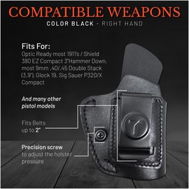 Black IWB Suede Leather Holsters for Pistols Optic Ready. for Most 1911, Shield 380 EZ Compact 3", Most 9mm Leather Holster, Glock 19, Sig Sauer P320/X Compact