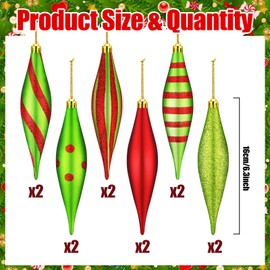 Hungdao 12 Pcs Red and Green Christmas Ornaments 6.3 Inch Droplet Stripe Dot Hanging Christmas Ornaments for Xmas Tree Decor for Home and Holiday Party Xmas Trees Accessories