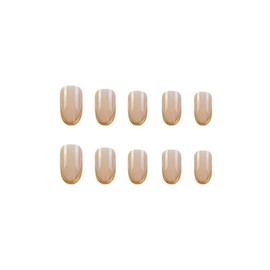 SINHOT Round Press on Nails Medium Oval Fake Nails Gold Glitter Glossy Glue on Nail French Tip Artificial Nail Stick on False Nail with Design 24 pcs