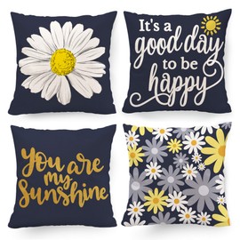 Hexagram Yellow and Blue Decorative Pillow Covers 18 x 18 Daisy Sunflower Yellow Throw Pillow Cover Set of 4 for Couch Living Room Sofa Patio Outdoor You are My Sunshine Yellow Dark Blue Home Decor