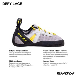 EVOLV Defy Lace Rock Climbing Shoe for Entry-Level Bouldering & Indoor Climbing - Fog Gray/Banana - 12
