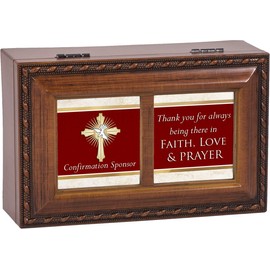 Cottage Garden Confirmation Sponsor Faith Love Prayer Woodgrain Rope Trim Petite Music Box Plays How Great Thou Art