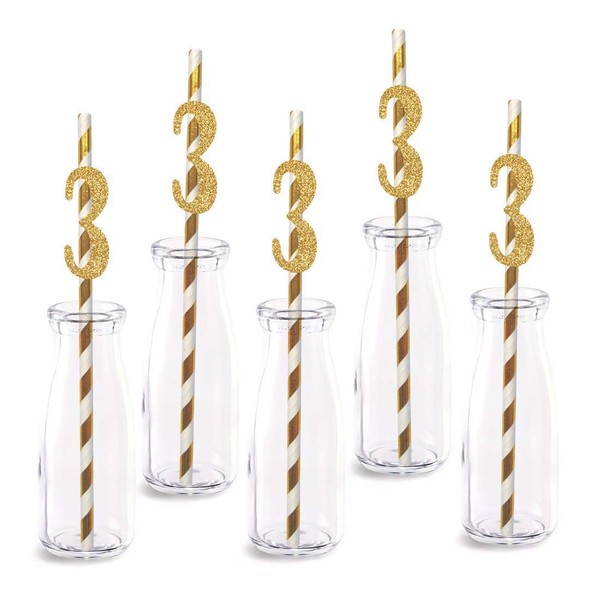 3rd Birthday Paper Straw Decor, 24-Pack Real Gold Glitter Cut-Out Numbers Happy 3 Years Party Decorative Straws