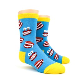 Foot Traffic Cute & Quirky Chatty Teeth Youth Socks, Blue & Yellow (Size 12-5Y)