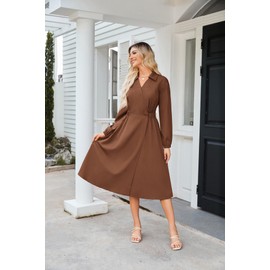 GRACE KARIN Women's Long Sleeve Blouse Dress, V-Neck Midi Dress, Casual Dress with Pockets, brown