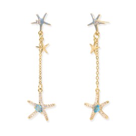 Sonateomber Gold Starfish Summer Beach Dangle Chain Earrings for Women, Dainty Blue CZ Rhinestone Enamel Ocean Earings Holiday Fashion Jewelry Gift