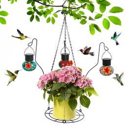Solar Hummingbird Feeder with Hanging Planter - 3 Glass Balls, Solar Lights, Bee Resistant & Leakproof Design, Outdoor Garden Decor Gift for Bird Lovers