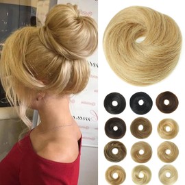 Thick Messy Bun Hair Piece Human Hair Wavy Fluffy Fake Bun Donut Updo Messy Buns Hair Pieces for Women with Elastic Band Lightweight Ponytail Extensions (1 Count #27 Honey Blonde)