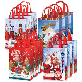 Whaline 12 Pack Christmas Non-Woven Bags Large Tote Bags with Handles Reusable Gift Bag Grocery Shopping Bags Santa Xmas Tree Party Treat Bags Waterproof Reusable Goodie Bags for Holiday Favors