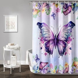 AILONEN Butterfly Shower Curtain for Bathroom, Purple Butterfly Bath Curtain Decor,Modern Printed Waterproof Shower Curtain with 12 Plastic Hooks (Kids/Girls/Women/Teen/) 72" W*78" H