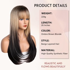 YUCCAHA Ombre Brown Blonde Synthetic layered Wig with Bangs for Women Wear and Go glueless Wig 26 Inch Middle Part Long Straight Colorful Costume Wigs Heat-Resistant Fiber for Daily Party Use