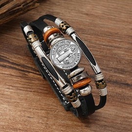BaBakiak St Benedict Exorcism Medal Leather Bracelet, Multilayer with Beads 2PCS, Patron Saint Amulet Religion Jewelry