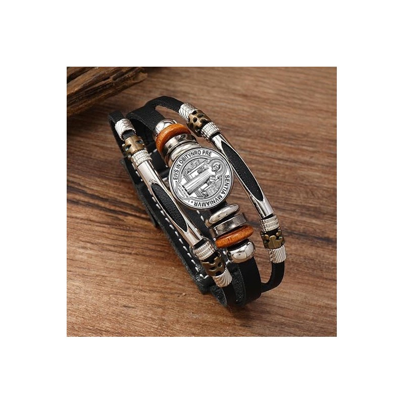 BaBakiak St Benedict Exorcism Medal Leather Bracelet, Multilayer with Beads