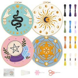 FREEBLOSS 4 Set Tarot Style Embroidery Kit for Beginners Cross Stitch Kit with Instructions Full Kit of Embroidery Cloth Embroidery Hoops 12 Colors Floss