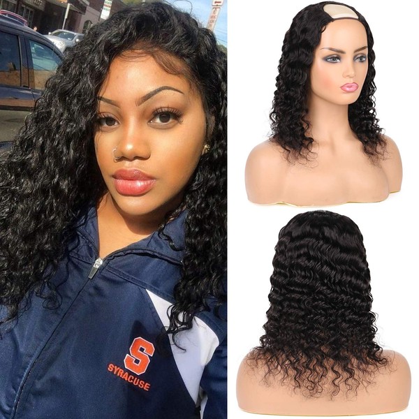 Huarisi 14 Inch U Part Wig Deep Wave Human Hair Wig for Black Women Deep Curly Virgin Hair Wig None Lace Machine Made Brazilian Curly Wig Real Hair Short for Black Women