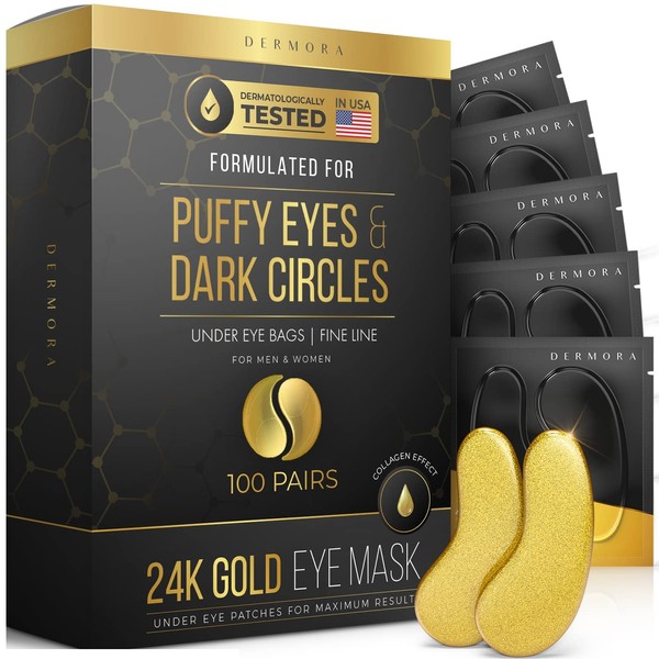 DERMORA Golden Glow Under Eye Patches (100 Pairs Eye Gels) - Rejuvenating Treatment for Dark Circles, Puffy Eyes, Refreshing, Revitalizing, Travel, Wrinkles