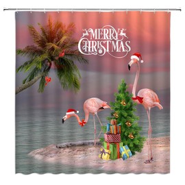 ASVEAS Christmas Flamingo Shower Curtain Xmas Pine Tree Palm Leaves Ocean Tropical Fantasy Animals Happy New Year Fabric for Bathroom Decor Bathtub with Hooks(70" WX70 H)