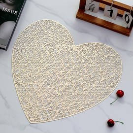 Hosoncovy Heart Shaped Placemats Set of 4,Table Mats Set Washable PVC Non-Slip Heat Resistant Table Place Mats Dinner Mats Meal Mat for Kitchen and Dining Room for Wedding (Gold)