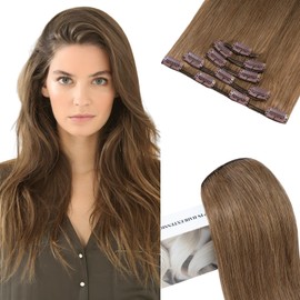 Elailite Real Hair Clip-In Extensions, #6 Light Brown, 5 Wefts, Remy Hair Extensions with 12 Clips, 40 cm - 60 g, Straight Hairpieces, Natural Hair Extension for Women