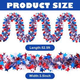 52.5 Ft Patriotic Glitter Tinsel Garland Decoration, Red White Blue Star Metallic Tinsel Twist Garland, 4th of July Decor Parade Golf Cart Shiny Tinsel for Car Bike Independence Day Memorial Day Decor