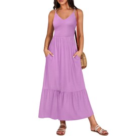 Kranda Summer Dresses for Women 2024 Spring V Neck Sleeveless Smocked Back Cutout Tiered Maxi Dress Casual Long Beach Dress Spaghetti Strap Flowy A Line Light Purple Sundress with Pockets S