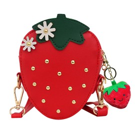 MEZHEN Strawberry Shoulder Bag Handbag with Plush Pendant Strawberry Bag Cartoon Crossbody Bag Girls Bags Chain Bag Holiday Travel Purse Children's Gift, red, S