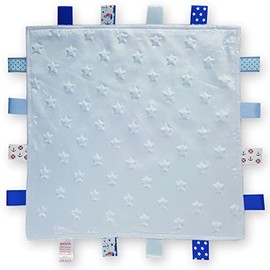 Soft Touch Taggie Comforter Baby Comfort Blanket with Sensory Tags and Bubble/Heart/Star/Foil Print Pattern (Blue Star)