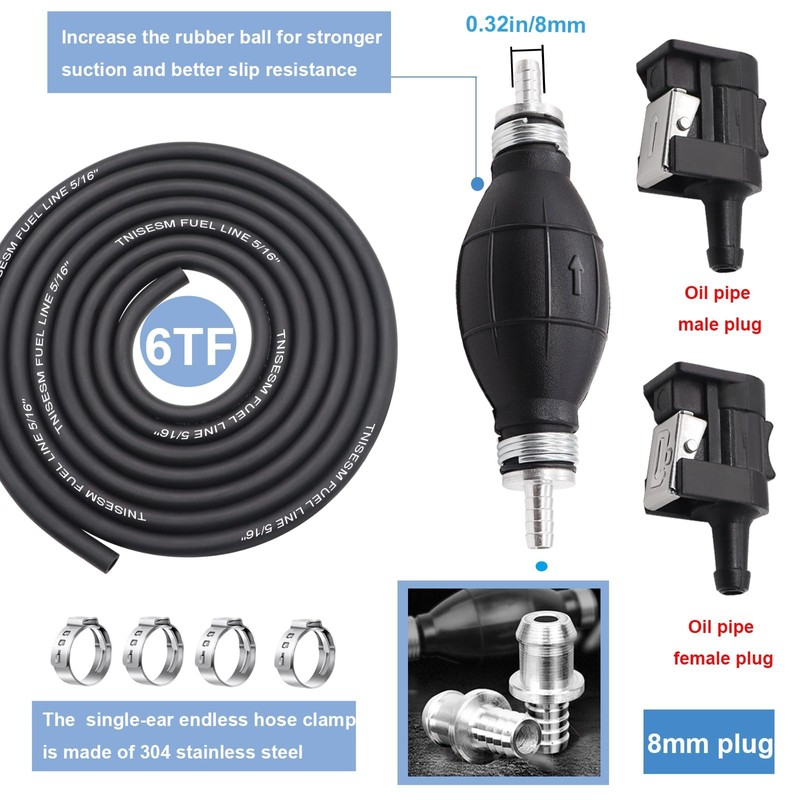 Tnisesm 5/16" 6FT Fuel Line Assembly, with Connector Rubber Marine