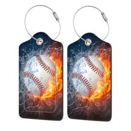 EOBKLAX 2 Pack Luggage Tags for Suitcases,Baseball Ball on Fire and Water Luggage Tag,PU Leather Id Label Luggage Tags with Stainless Steel Loop and Privacy Cover for Women Men Teens Travel