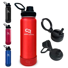 COOLREADY 24 oz Red Stainless Steel Water Bottle – Slim, Lightweight, Travel-Friendly Insulated Flask – Wide Mouth, Spout & Straw Lid, with Silicone Boot