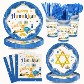 168pcs Happy Hanukkah Party Supplies Hanukkah Paper Plates Napkins and Cups Disposable Tableware Set for Jewish Hanukkah Party Supplies Serve 24