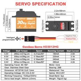 HobbyPark Waterproof 30KG High Torque Servo Motor Metal Gear Digital Servo Arduino Servo Programmable for 1/8 1/10 1/12 RC Crawler RC Truck RC Car Buggy Robotic DIY Control Angle 180°