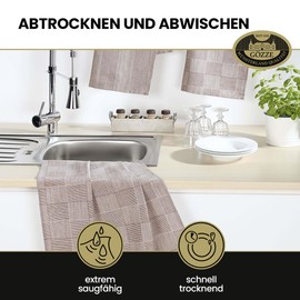 Gözze - Tea Towel Set, 4 Pieces, 100% Cotton Jacquard Fabric, High Density (200 g/m²), 50 x 70 cm - Taupe