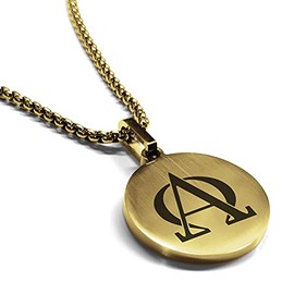 Comfort Zone Studios Stainless Steel Religious Alpha and Omega Round Medallion Pendant Necklace, Gold