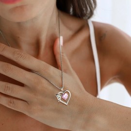 Collar Cadena De Plata 925 Con Dije De Corazón Para Mujer Color Rosa - Octubre