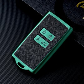 OATSBASF Car Key Case for Renault, 4 Button Key Case (Only Keyless Go), for renault Clio/Kadjar/Megane/Dacia Sandaro key cover, Key Fob Cover (Silver Edge-Green)