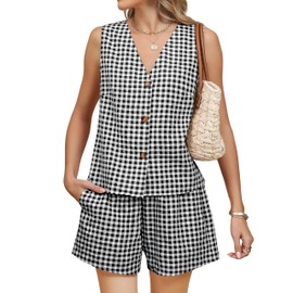 Blooming Jelly Women's Summer Two Piece Sets Vacation Outfits Resort Wear 2 Piece Matching Short Sets Linen Gingham Vest and Shorts (Black Plaid,Medium)