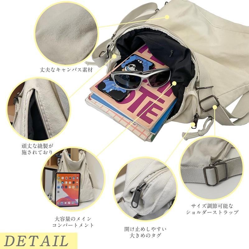 Bitcuem Shoulder Bag, Large Capacity, Canvas, 3-Way Bag, Backpack, Tote
